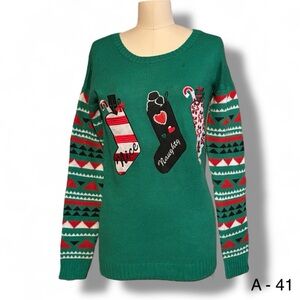 With Love Derek Ugly Christmas Sweater Green Naughty & Nice Stockings Sz L